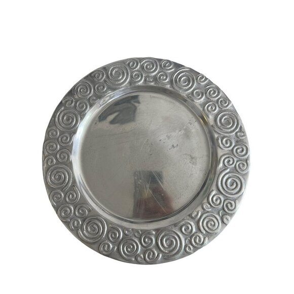 Pewter Black Swirls Metal Decorative Plate 12" Round Silvertone Serving Tray - Picture 4 of 5